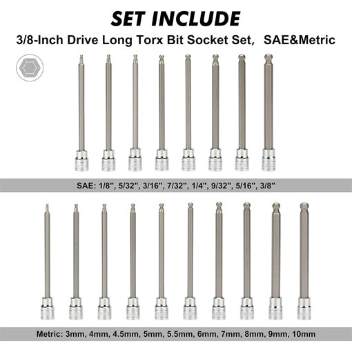 3/8" Drive Extra Long Ball-End Hex Bit Socket Set